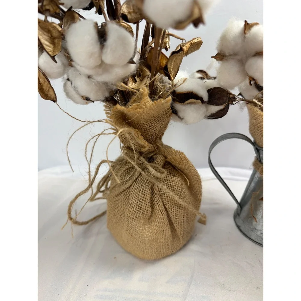 Rustic Farmhouse Cotton Boll Floral Arrangement Set Burlap Galvanized Pitcher